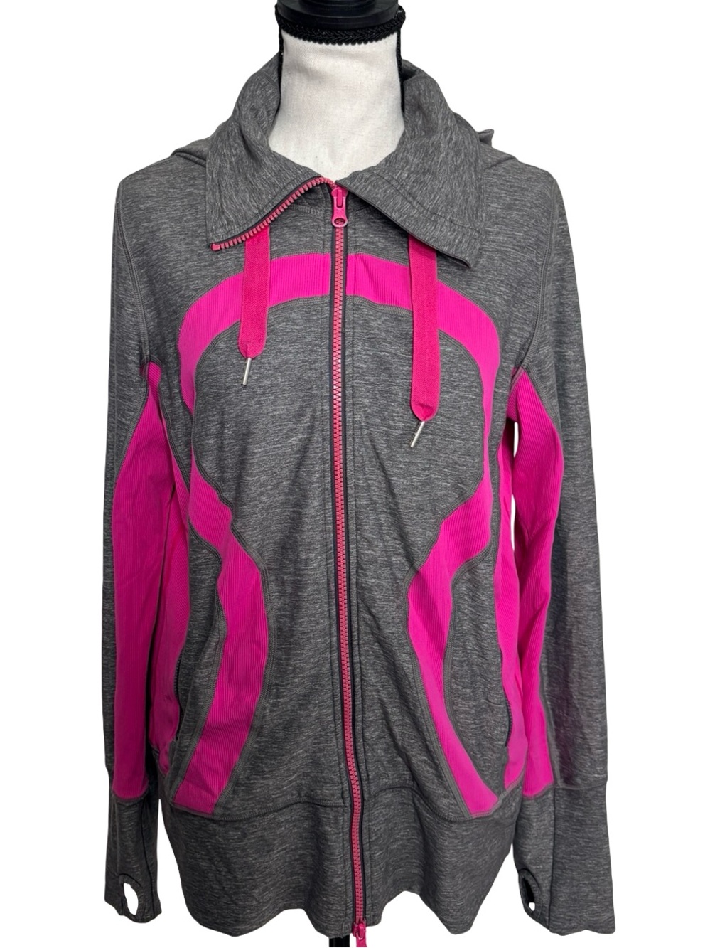 Lululemon Scuba Hoodie Jacket Gray Pink Thumbholes Size 10 Full Zip Athletic
